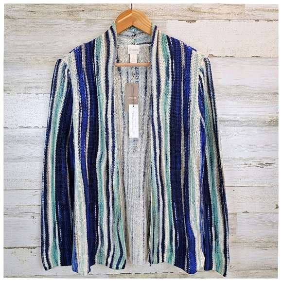 NWT Chico's Boho Linen Broken Stripe Cocoon Sweater Cardigan Medium Blue Cozy - Picture 8 of 16